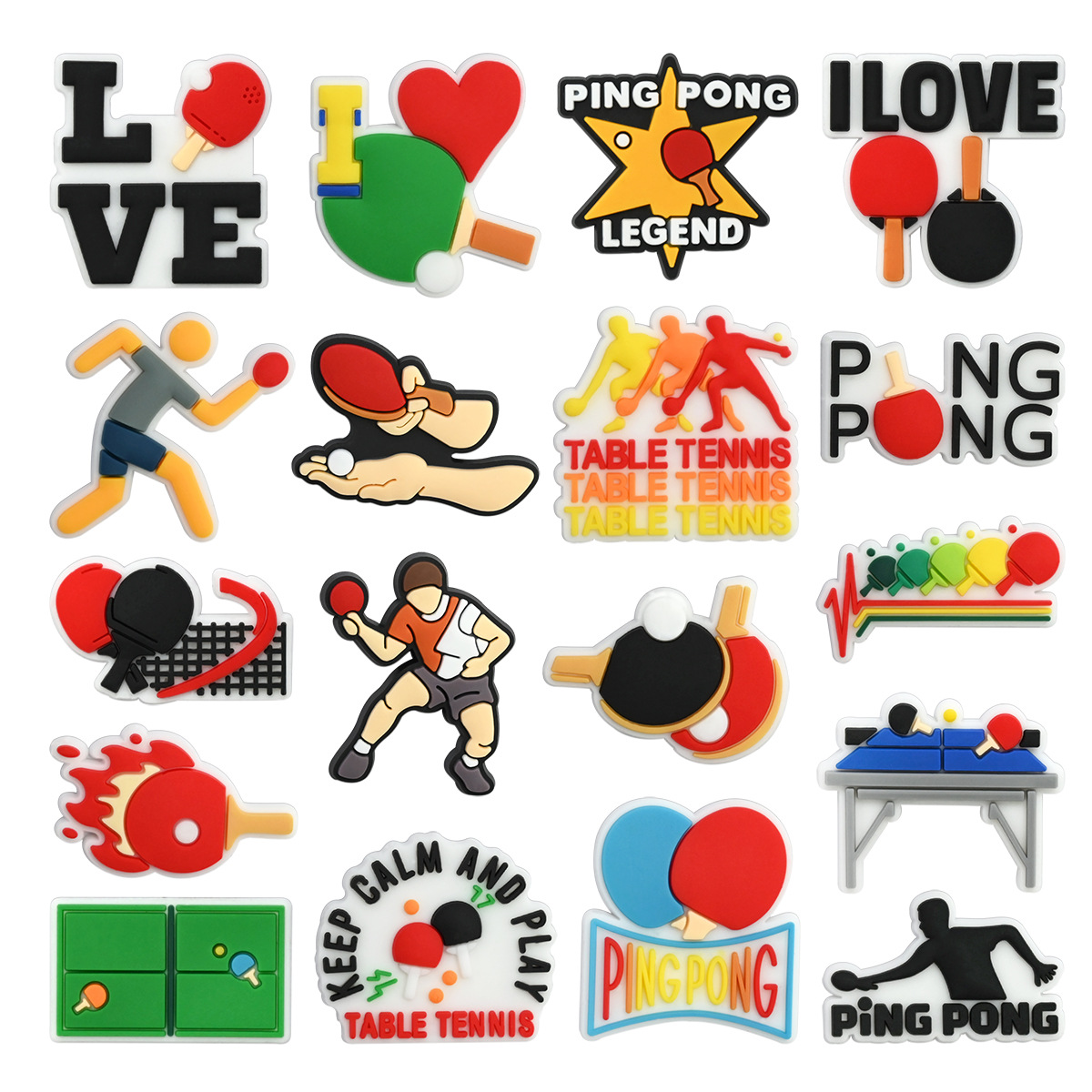 Table Tennis Kit Bag - 18個入り卓球スポーツシリーズシューズチャームセット、クロッグバッグ、バブルスライドサンダル用、PVCシューズデコレーション、ビーチバッグアクセサリー